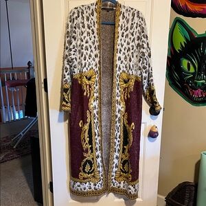 Maxsport Leopard Print Long Cardigan with Gold and Burgundy Accents
